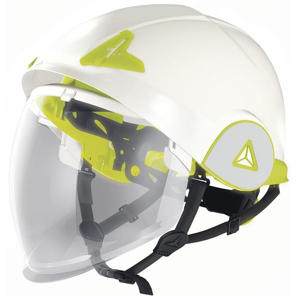 CASQUE DE CHANTIER ELECTRICIEN DOUBLE COQUE ABS AVEC VISIERE ESCAMOTABLE BLANC/JAUNE