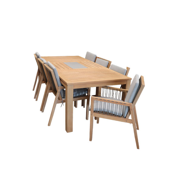 Bianco table a manger 2250x1040x760mm avec incrustation de tuile 1pc et chaise abec dossier et cote tresses en corde avec coussin