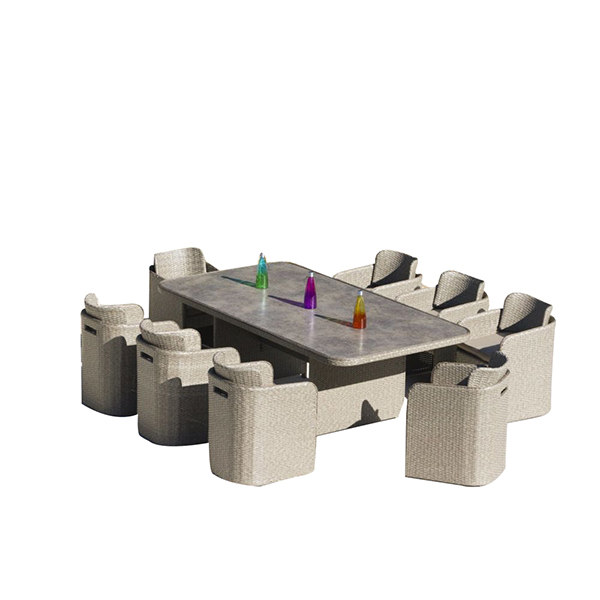 ENSEMBLE TABLE A MANGER EXTERIEUR 9 PIECES+HOUSSE TABLE THYM 226X120 ET 8 FAUTEUILS ROND THYM AVEC DOSSIERS RABATTABLES