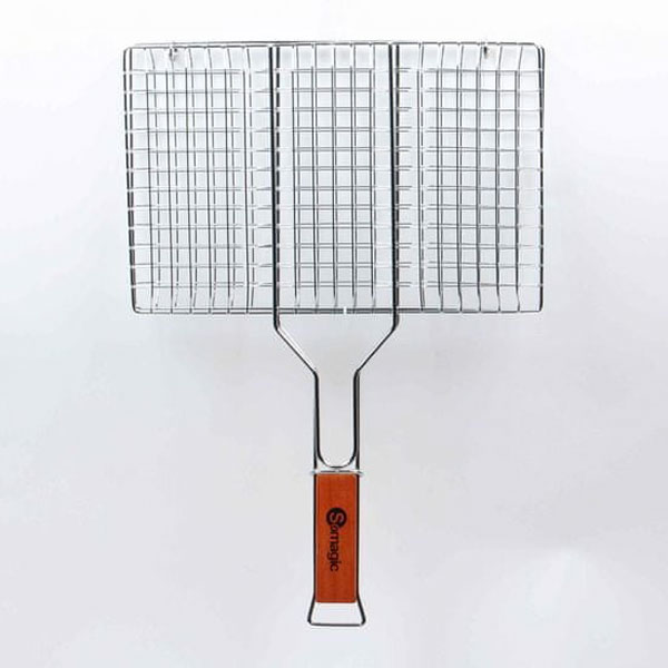 GRILLE DOUBLE 6 HAMBURGERS EN ACIER CHROME 34 X 22 CM AVEC POIGNEE EN BAMBOU