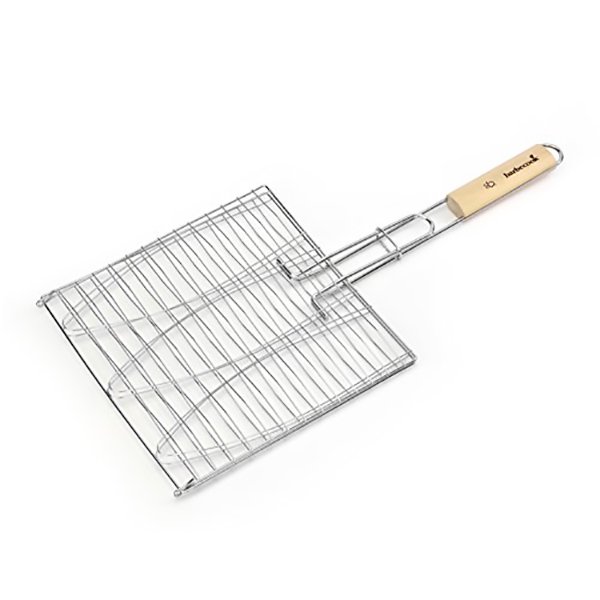 GRILLE DOUBLE A POISSONS EN ACIER CHROME 28 X 28 CM AVEC POIGNEE EN BAMBOU