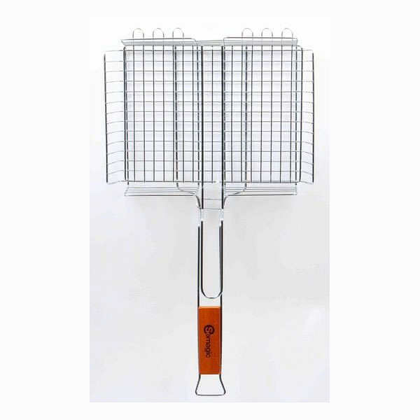 GRILLE DOUBLE EN ACIER CHROME 32 X 25 CM AVEC POIGNEE EN BAMBOU