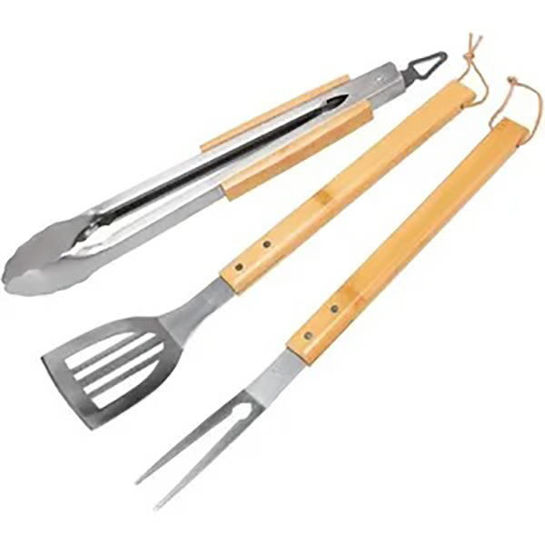 PANOPLIE DE 3 ACCESSOIRES EN ACIER INOXYDABLE : 1 SPATULE 44 CM 1 FOURCHETTE 44 CM 1 PINCE 40 CM AVEC MANCHE EN BAMBOU