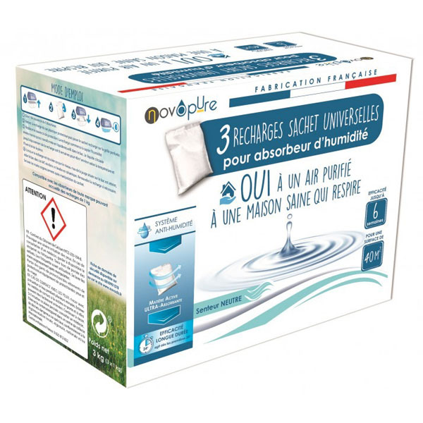 RECHANGE POUR ABSORBEUR D'HUMIDITÉ 40 M² 3 SACHETS* 1KG