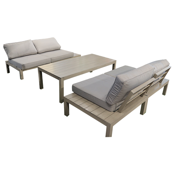 SET DETENTE MAGNOLIA 4 PIECES-1 TABLE BASSE 78X78+2 FAUTEUILS+COUSSINS+1 SOFA+COUSSINS FINITION PINCEAU GRISEE