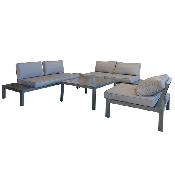 SET DETENTE MAGNOLIA 5 PIECES FINITION PINCEAU 1TABLE DE COIN 78X78+1TABLE BASSE 78X78+1FAUTEUIL+COUSSINS+2SOFA+COUSSINS FINITION PINCEAU GRISEE
