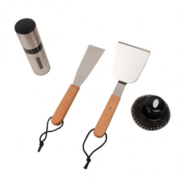VALISETTE DE 4 ACCESSOIRES EN ACIER INOXYDABLE : 1 SPATULE 1 BROSSE 1 GRATTOIR 1 SPRAY A HUILE
