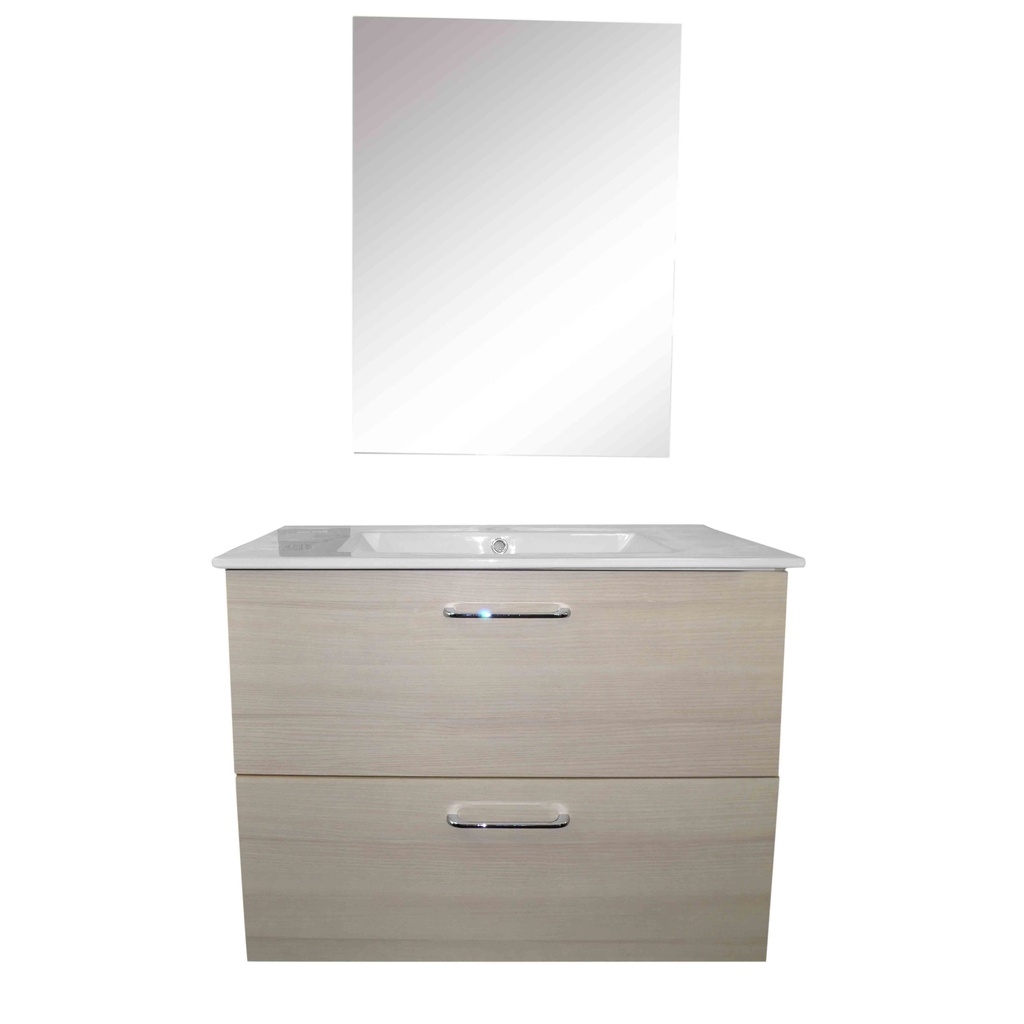 MEUBLE SDB HAPPY JUNO EP 16MM FINITION BOIS DE FRENE AVEC VASQUE PORCELAINE+MIROIR 80X45CM