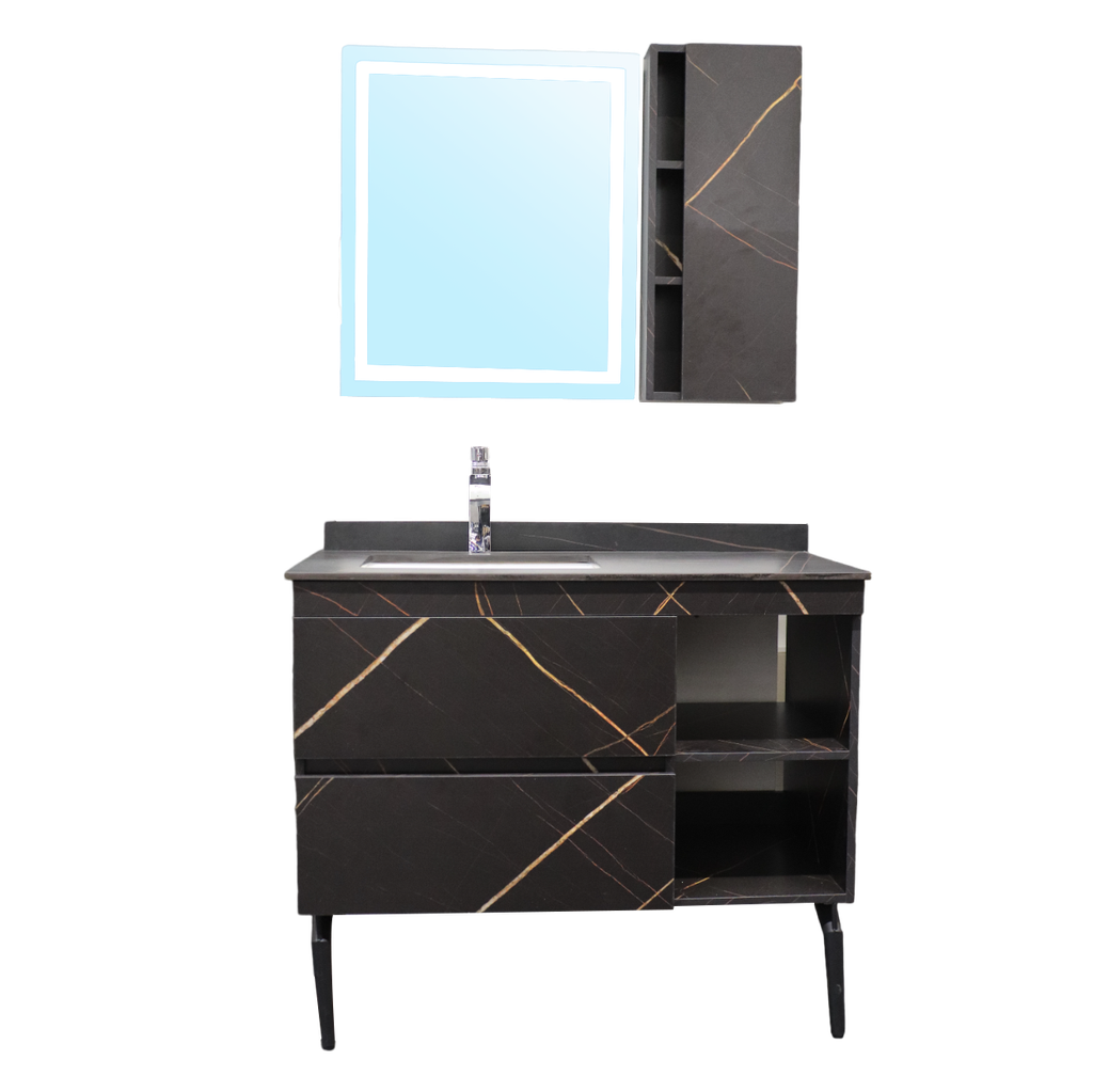MEUBLE SALLE DE BAIN SIMPLE VASQUE AVEC 2 PIEDS NOIR COLONNE ET MIROIR LED 1000X520X820MM #8826