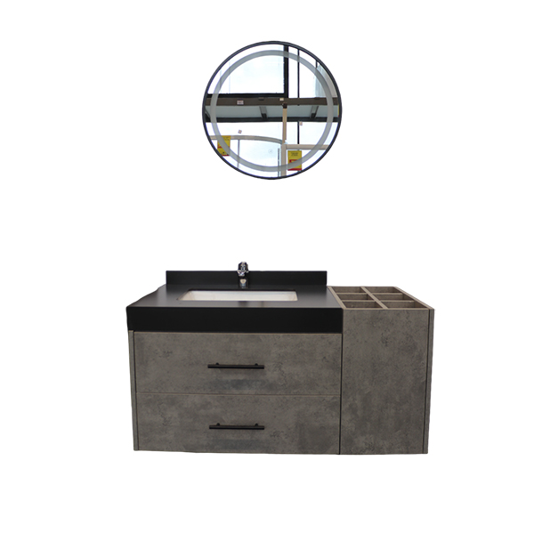MEUBLE SALLE DE BAIN SIMPLE VASQUE SUSPENDU AVEC TABLETTE NOIR ET MIROIR ROND 1000X550X500MM