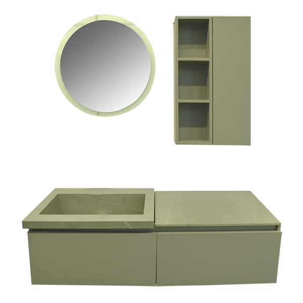 MEUBLE SALLE DE BAIN SIMPLE VASQUE SUSPENDU GRIS AVEC COLONNE ET MIROIR ROND LED 1200X520X360MM