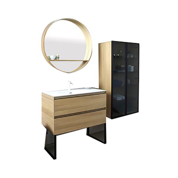 MEUBLE SALLE DE BAIN SIMPLE VASQUE SUSPENDU CHENE ET MIROIR ROND LED ET TABLETTE 800X520X500MM