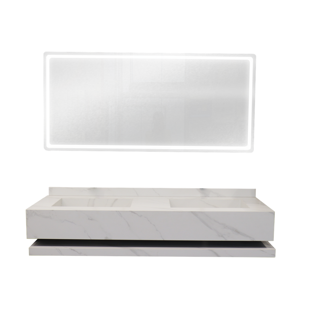 MEUBLE SALLE DE BAIN DOUBLE VASQUE BLANC MARBRER + PLATEAU BLANC ET MIROIR LED 1500X550X180MM
