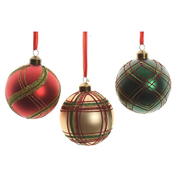 BOULE DE NOEL VERRE 80MM PAILL TARTAN ASSORTIS
