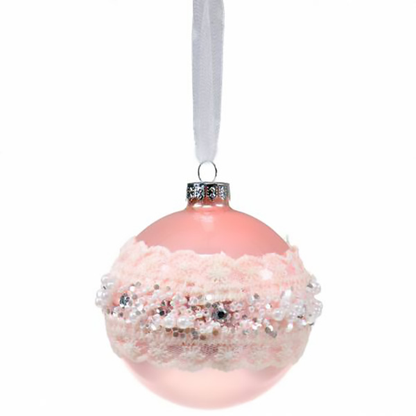 BOULE DE NOEL VERRE 100MM DENTELLE PERLE