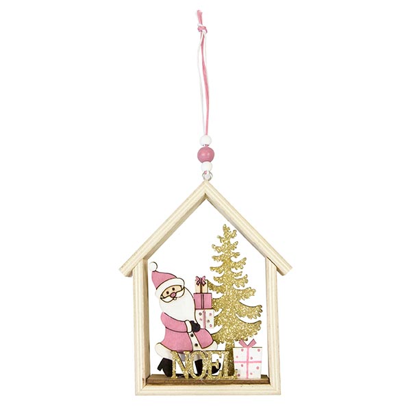 SUJET DE NOEL BOIS MAISON ROSE 2ASS
