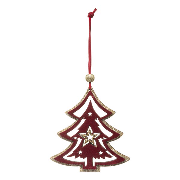 SUJET DE NOEL BOIS SAPIN BORDEAUX DORE 10CM