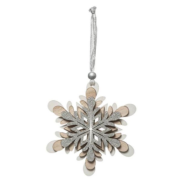 SUJET DE NOEL BOIS FLOCON ARGENTE NAT 12CM