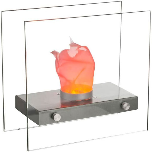 CHEMINEE DE TABLE METAL ARGENTE, VERRE TRANSLUCIDE, INTERRUPTEUR, LXWXH:305X150X285, INCL. 8XLED 0,4W 3,3V, GELB/ROT
