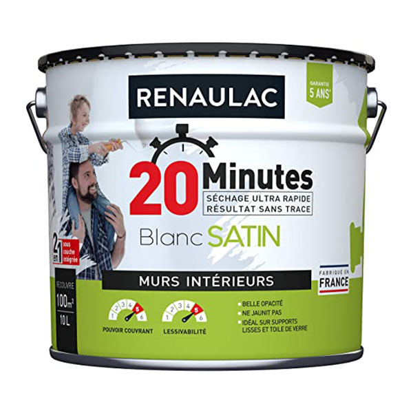 PEINTURE MUR INT BLANC SATINE 10L 20MN