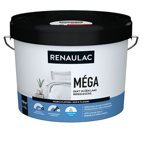 PEINTURE MUR-PLAFOND INTERIEUR MEGA BLANC SATINE 10LITRES RENAULAC