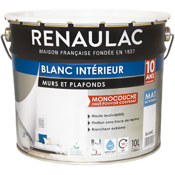 PEINTURE GLYCERO BLANC MAT MUR ET PLAFOND 10L RENAULAC