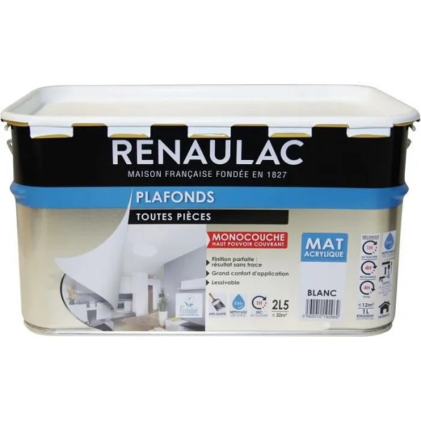 PEINTURE MUR-PLAFOND INTERIEUR BLANC ULTRA-RESISTANT A L EAU 2,5 LITRES RENAULAC