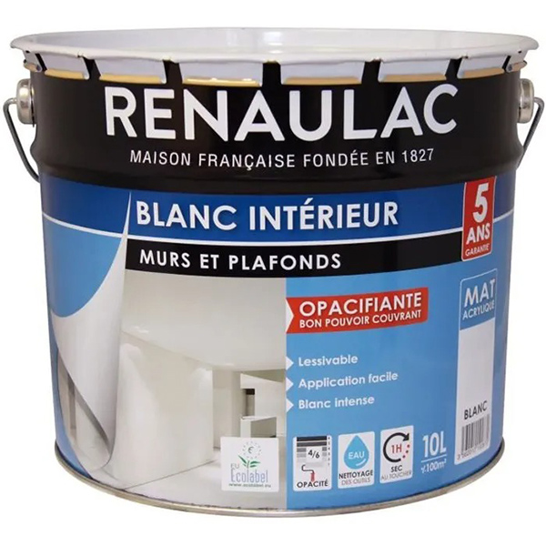 PEINTURE MUR-PLAFOND INTERIEUR BLANC ULTRA-RESISTANT A L EAU 10 LITRES RENAULAC