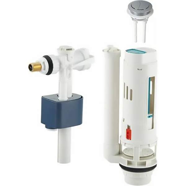 MECANISME WC A BOUTON DOUBLE POUSSOIR + ROBINET FLOTEUR LATERAL (HZT)