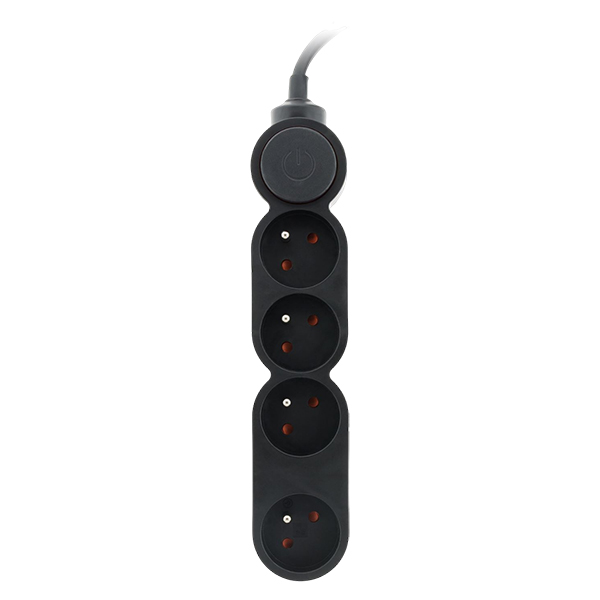 BLOC 4 PRISES 16A + INTERRUPTEUR NOIR H05VV-F 3G1 LG : 1,5 MÈTRE ÉQUIPÉ D'UNE FICHE EXTRAPLATE