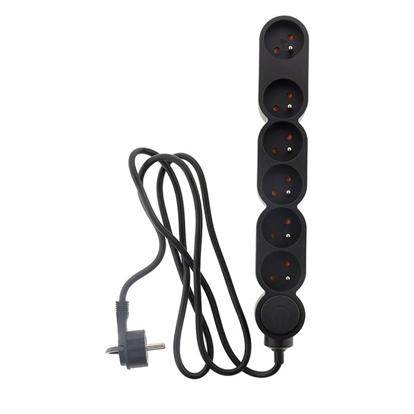 BLOC MULTIPRISES 6 PRISES 16A + INTERRUPTER NOIR H05VV-F 3G1 LG : 1,5 MÈTRES ÉQUIPÉ D'UNE FICHE EXTRAPLATE