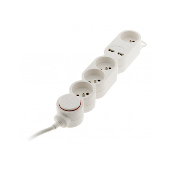 BLOC MULTIPRISES 4 PRISES 16A + INTER INTERRUPTEUR BLANC H05VV-F 3G1 LG : 1,5 M + 2 USB 2,1A* ÉQUIPÉ D'UNE FICHE EXTRAPLATE