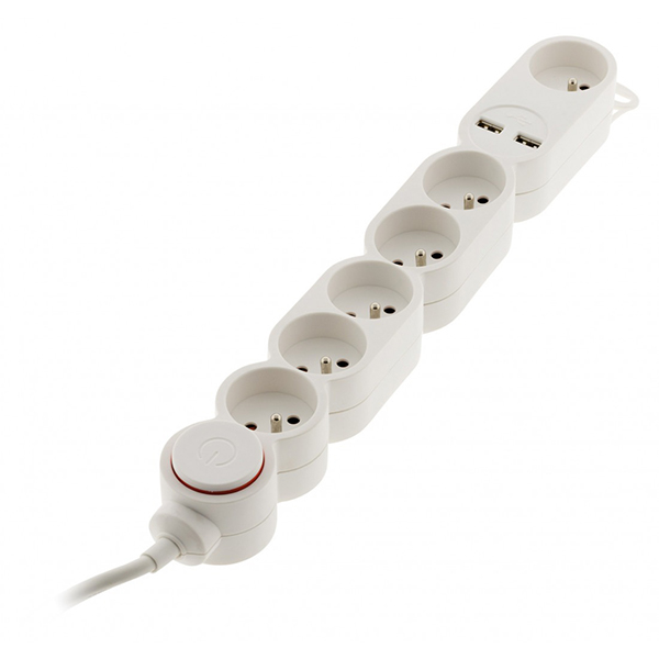 BLOC 6 PRISES 16A + INTER BLANC H05VV-F 3G1 LG : 1,5 M + 2 USB 2,1A* EQUIPE D UNE FICHE EXTRAPLATE