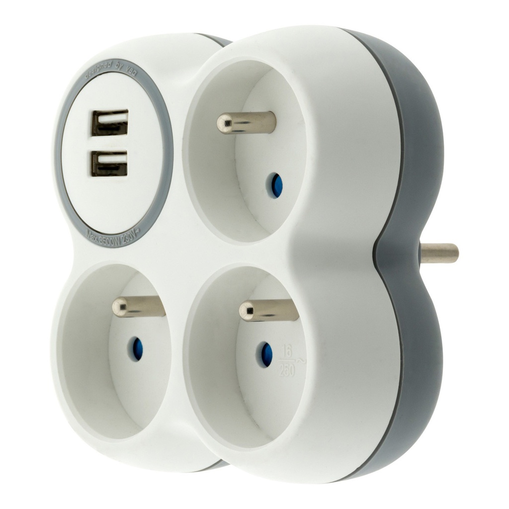 MULTIPRISE TRIPLITE 16A FACADE+ 2 PORTS USB 2,1A* GRIS / BLANC