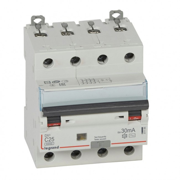 DISJONCTEUR DIFFERENTIEL MODULAIRE 4P C25 30MA AC 6000/10KA 4MOD VIS/VIS 411188 LEGRAND