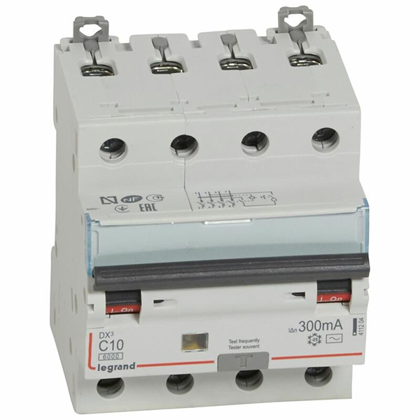 DISJONCTEUR DIFFERENTIEL MODULAIRE 4P C10 300MA AC 6000/10KA 4MOD VIS/VIS 411204 LEGRAND