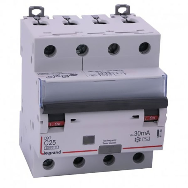 DISJONCTEUR DIFFERENTIEL MODULAIRE 4P C25 300MA AC 6000/10KA 4MOD VIS/VIS 411207 LEGRAND