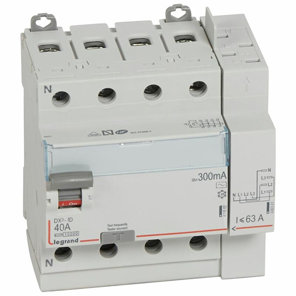 INTERRUPTEUR DIFFERENTIEL MODULAIRE 4P 40A 300MA AC 5MOD VIS/AUTO 411654 LEGRAND