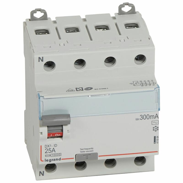 INTERRUPTEUR DIFFERENTIEL MODULAIRE 4P 25A 300MA AC 4MOD VIS/VIS 411664 LEGRAND