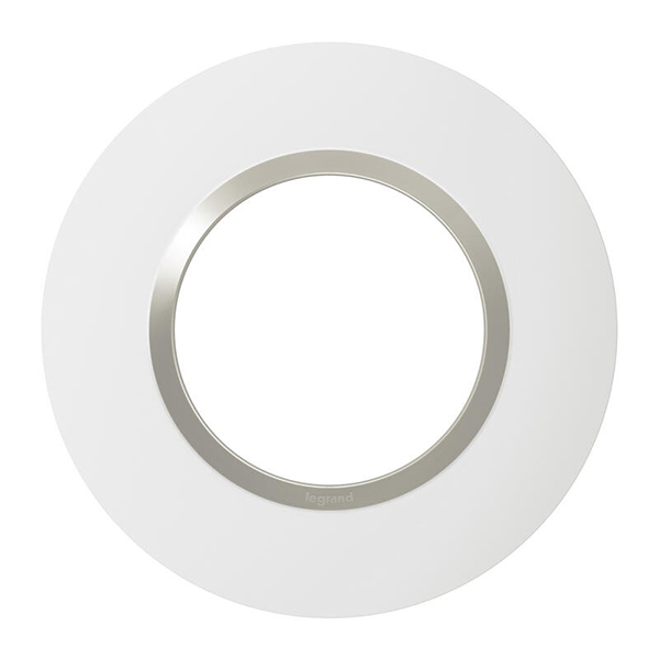 PLAQUE DE FINITION RONDE DOOXIE 1 POSTE FINITION BLANC MAT AVEC BAGUE PLUME BRILLANTE (GRIS)
