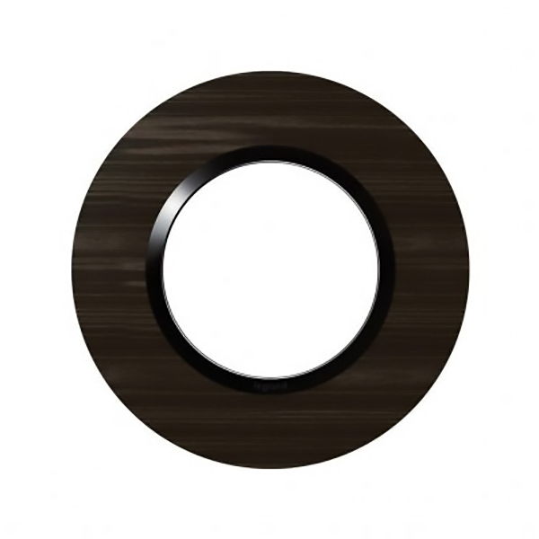 PLAQUE DE FINITION RONDE DOOXIE 1 POSTE FINITION EFFET BOIS EBENE AVEC BAGUE NOIRE BRILLANTE