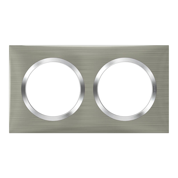 PLAQUE CARREE DOOXIE 2 POSTES FINITION EFFET INOX BROSSE AVEC BAGUE EFFET CHROME