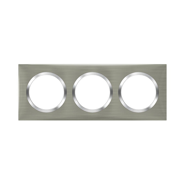 PLAQUE CARREE DOOXIE 3 POSTES FINITION EFFET INOX BROSSE AVEC BAGUE EFFET CHROME