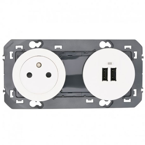 PRISE DE COURANT 2P+T SURFACE + CHARGEUR 2 USB TYPE-A DOOXIE 3A PRECABLES FINITION BLANC