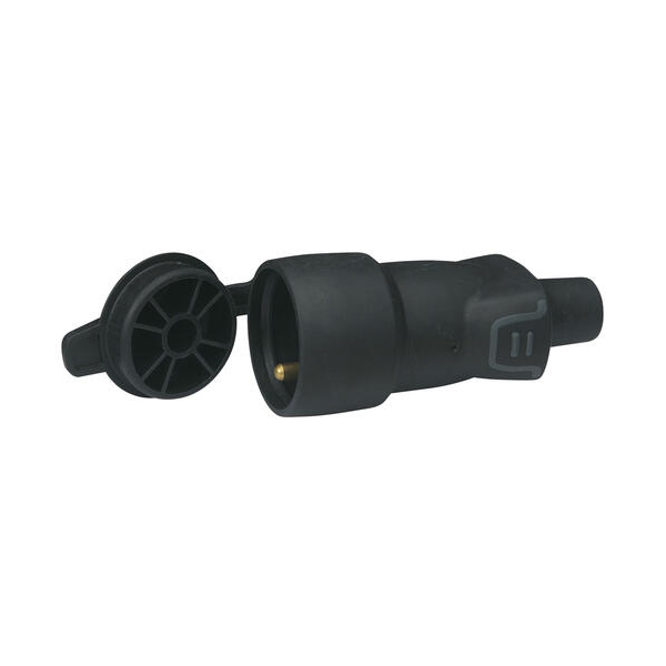 FICHE FEMELLE AVEC TERRE + VOLET IP44 - CAOUTCHOUC - 16A - A VIS - NOIR