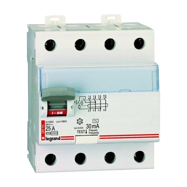 INTERRUPTEUR DIFFERENTIEL MODULAIRE 4P 25A 30MA AC 4MOD VIS/VIS REF 8993 LEGRAND