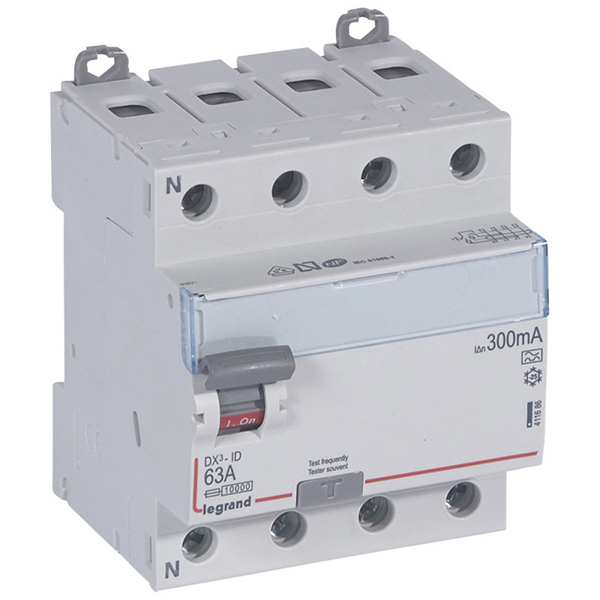 INTERRUPTEUR DIFFERENTIEL MODULAIRE 4P 63A 300MA AC 4MOD VIS/VIS ET AUXILIAIRE 406302 8716 LEGRAND