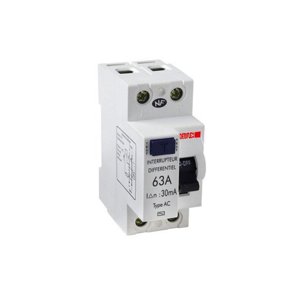 INTERRUPTEUR DIFFERENTIEL MODULAIRE 2P 63A 30MA AC 2MOD VIS/VIS DEBFLEX 707492