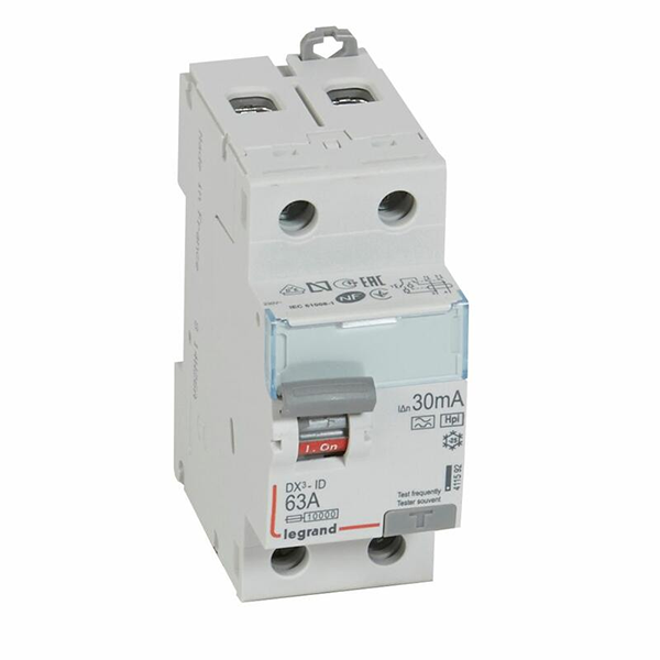 INTERRUPTEUR DIFFERENTIEL MODULAIRE 2P 63A 30MA HPI 2MOD VIS/VIS 411592 LEGRAND