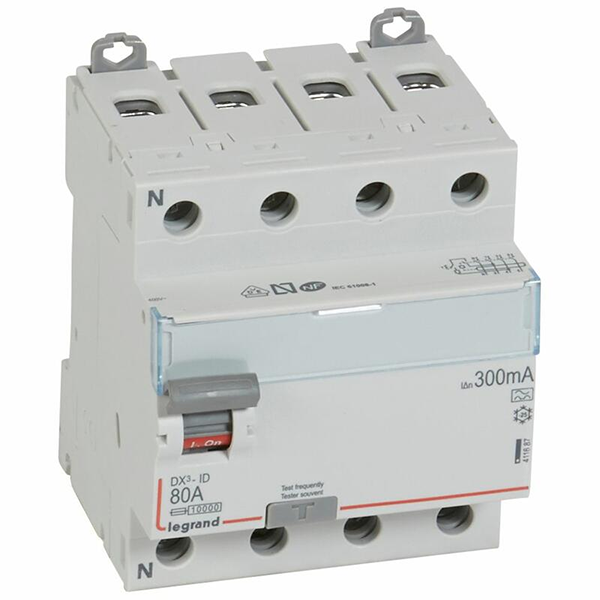 INTERRUPTEUR DIFFERENTIEL MODULAIRE 4P 80A 300MA A 4MOD VIS/VIS 411687 LEGRAND